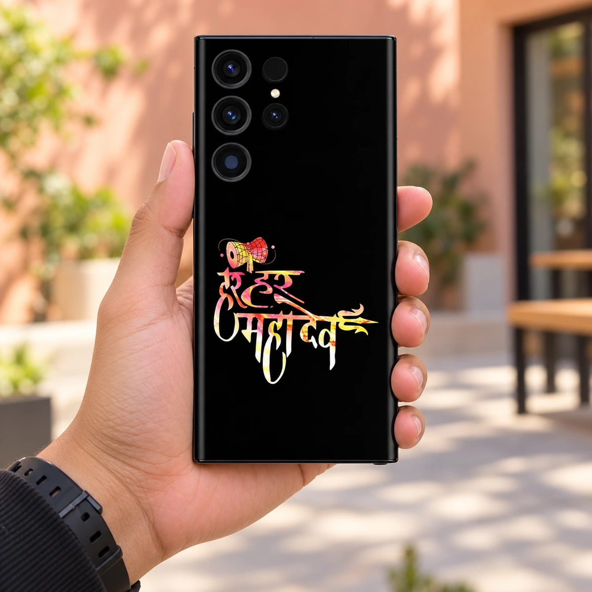 Har Har Mahadev Colourful Damru Mobile Skin - In Hand Har Har Mahadev damru mobile skin held in a sunlit modern courtyard