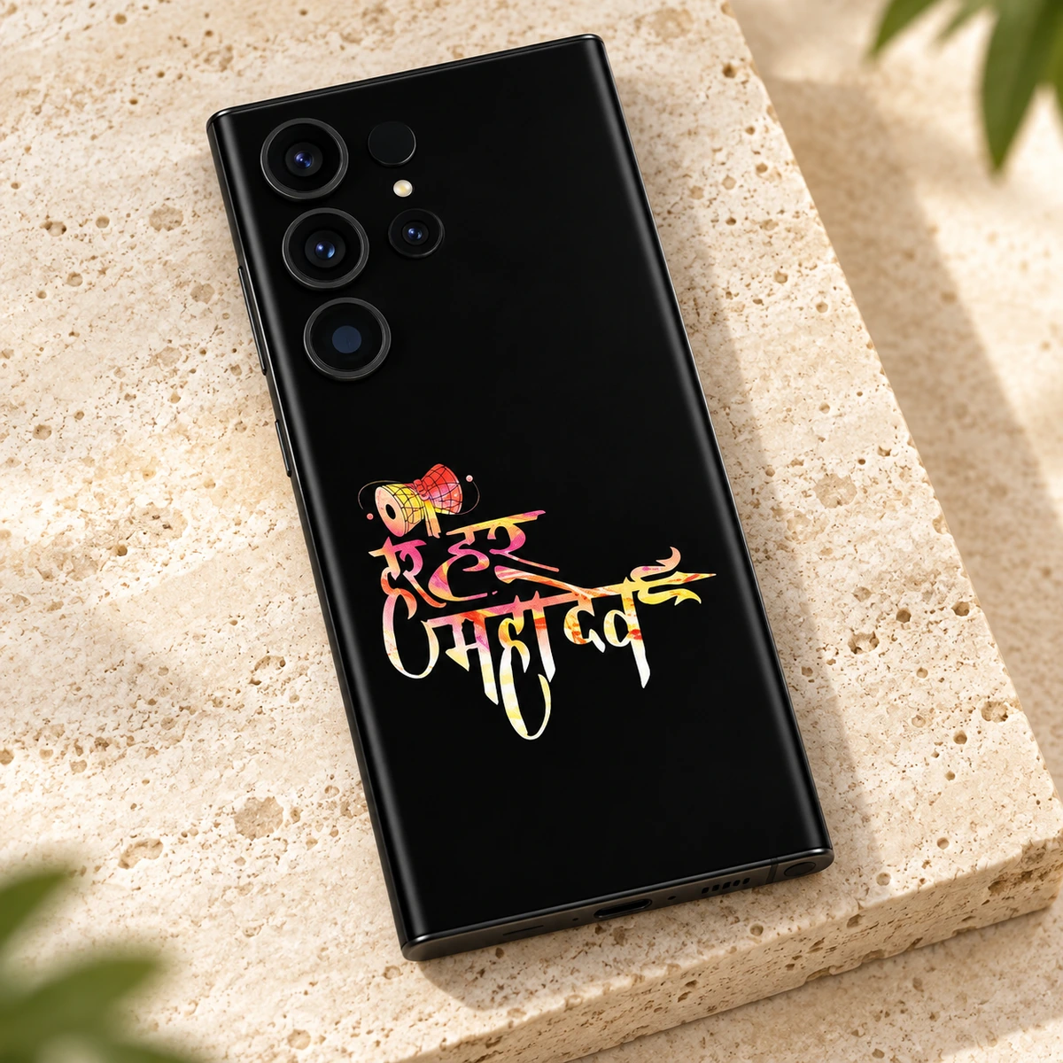 Har Har Mahadev Colourful Damru Mobile Skin - Lettering Detail Close view of colourful Har Har Mahadev lettering and damru on black