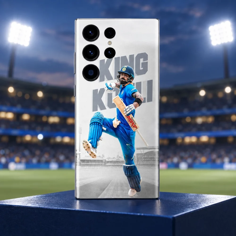 Virat Kohli blue cricket uniform photo mobile skin with King Kohli lettering, twilight stadium hero