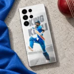 Virat Kohli blue cricket uniform photo mobile skin with King Kohli lettering, cricket flat lay