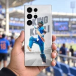 Virat Kohli blue cricket uniform photo mobile skin with King Kohli lettering, stadium handheld view