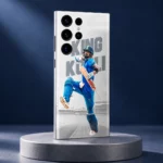Virat Kohli blue cricket uniform photo mobile skin with King Kohli lettering, navy studio angle