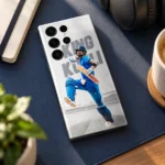 Virat Kohli blue cricket uniform photo mobile skin with King Kohli lettering, blue desk view