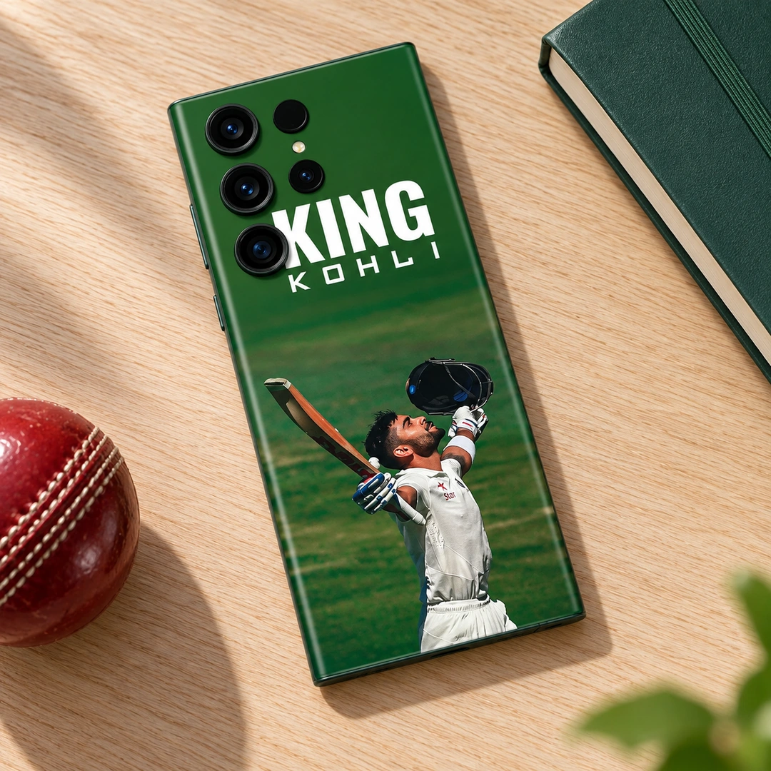 King Kohli Photo Mobile Skin - Cricket desk flat lay Green King Kohli mobile skin with Virat raising his bat and helmet, cricket desk flat lay