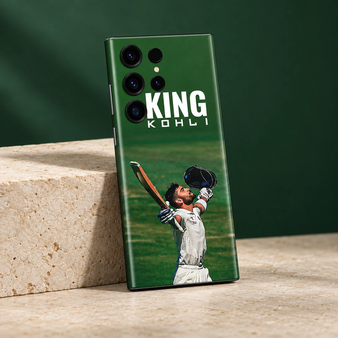King Kohli Photo Mobile Skin - Green studio view Green King Kohli mobile skin with Virat raising his bat and helmet, green studio view