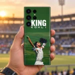 Green King Kohli mobile skin with Virat raising his bat and helmet, handheld stadium view