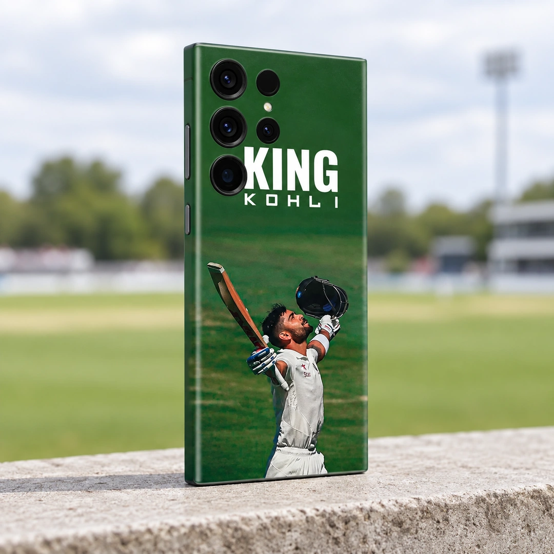 King Kohli Photo Mobile Skin - Cricket outfield view Green King Kohli mobile skin with Virat raising his bat and helmet, cricket outfield view
