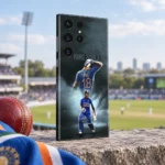 King Kohli mobile skin with VIRAT 18 jersey and blue India cricket portraits, cricket ground view