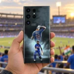 King Kohli mobile skin with VIRAT 18 jersey and blue India cricket portraits, handheld stadium view