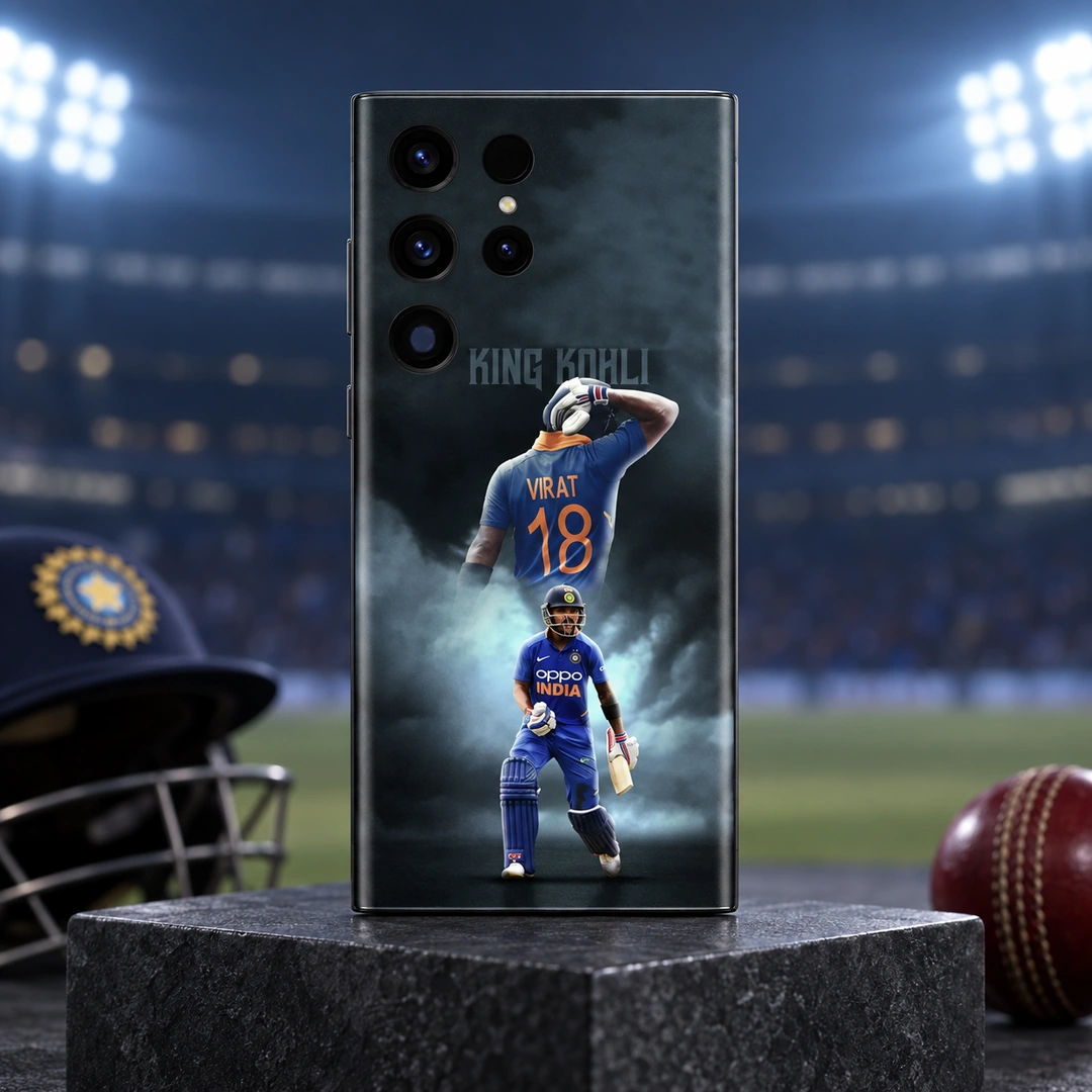 King Kohli Virat 18 Mobile Skin - Stadium hero King Kohli mobile skin with VIRAT 18 jersey and blue India cricket portraits, stadium hero