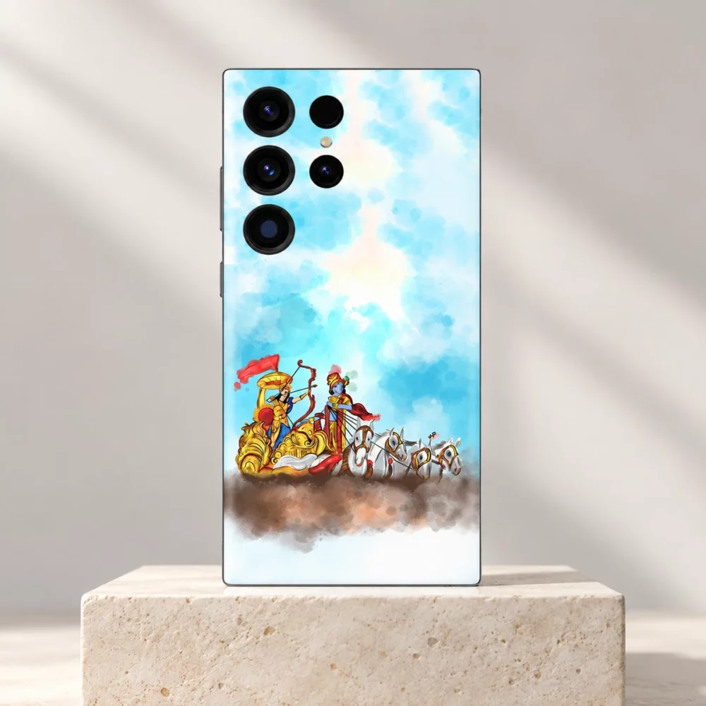 Krishna with Arjun chariot painting mobile skin with white horses and blue sky on an ivory pedestal