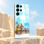 Krishna Arjun golden chariot phone skin angled in a sky blue and gold studio