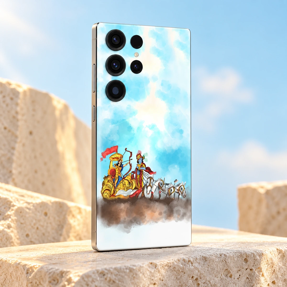 Krishna Arjun Chariot Painting Mobile Skin - Sky gold studio Krishna Arjun golden chariot phone skin angled in a sky blue and gold studio