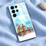 Krishna with Arjun watercolour chariot mobile skin flat lay on pale blue linen