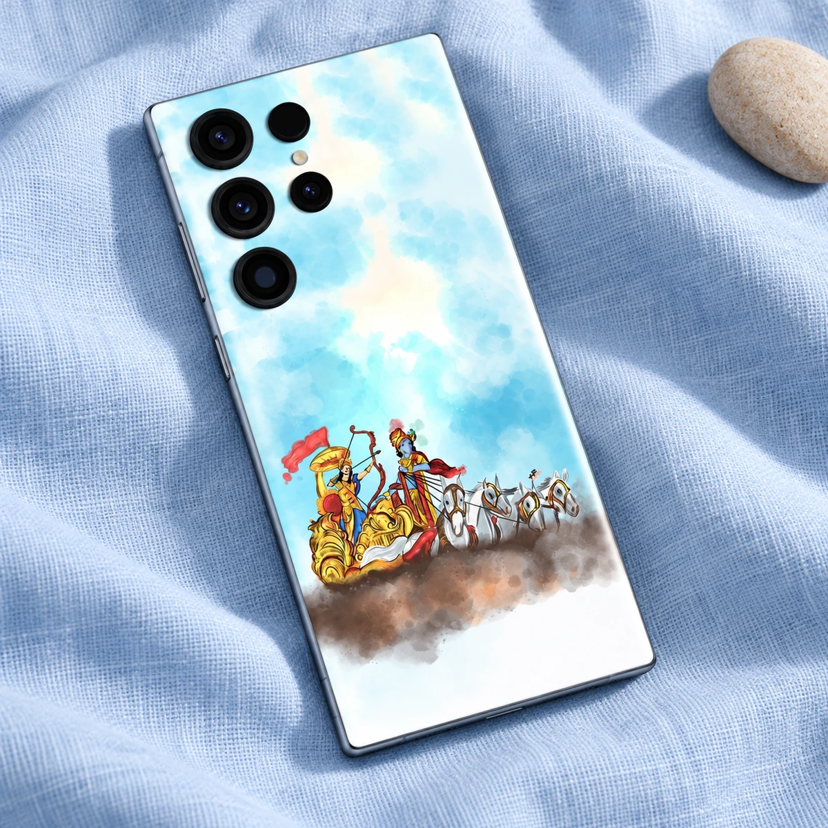 Krishna Arjun Chariot Painting Mobile Skin - Blue linen flatlay Krishna with Arjun watercolour chariot mobile skin flat lay on pale blue linen