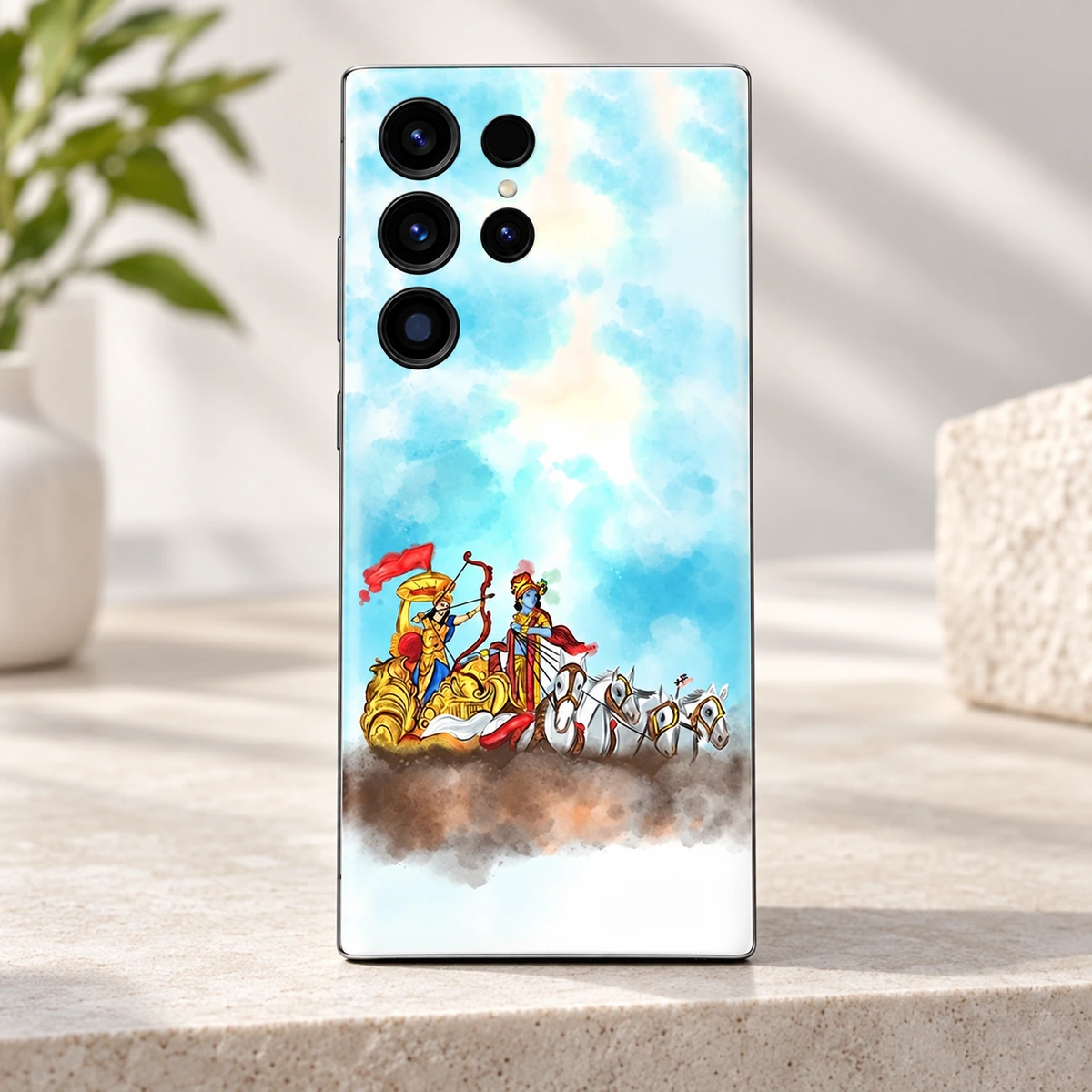 Krishna Arjun Chariot Painting Mobile Skin - Chariot detail Close view of Krishna Arjun golden chariot red flag and white horses phone skin artwork