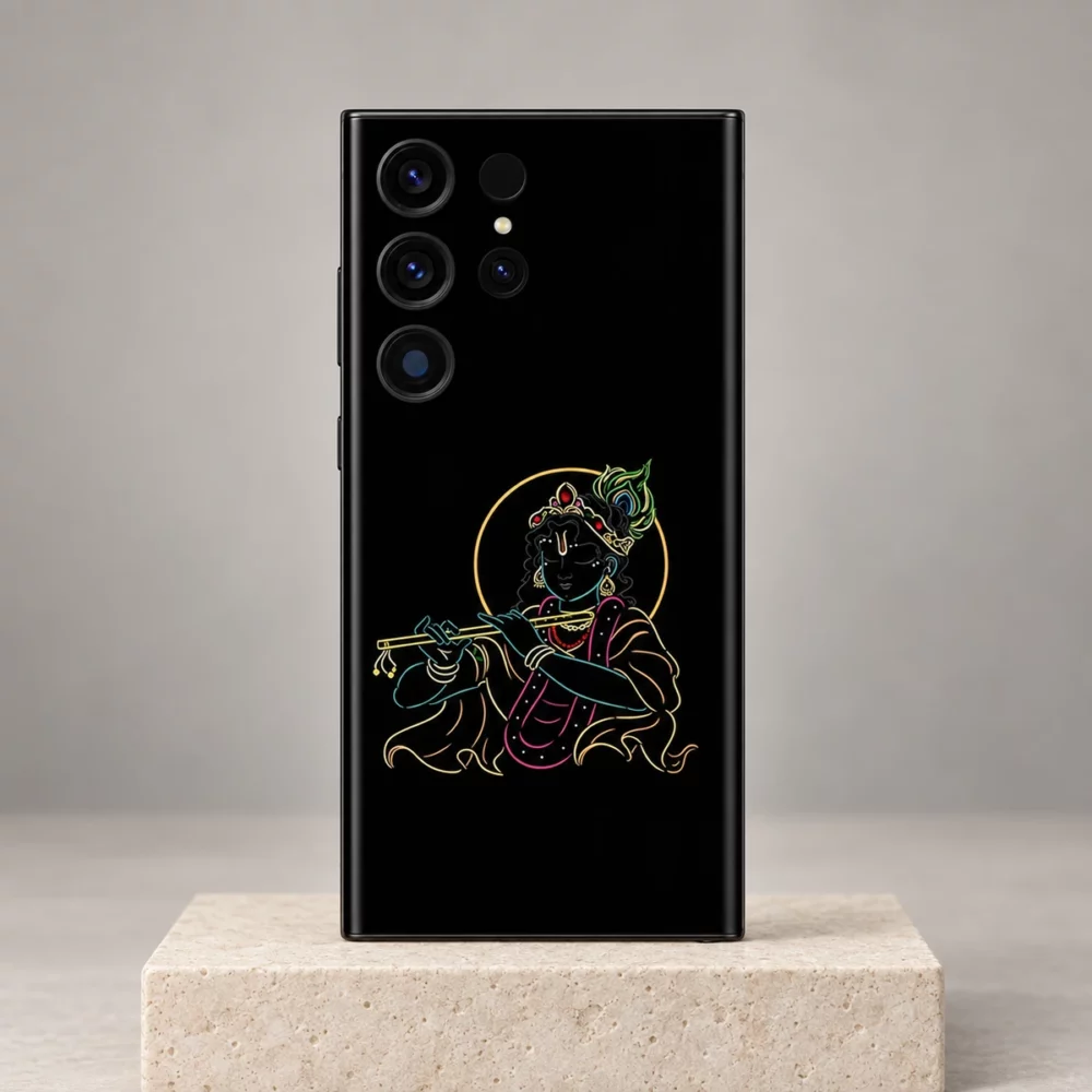 Krishna colour outline halo mobile skin upright on a light stone plinth