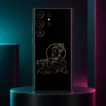 Krishna flute outline mobile skin in a teal and magenta studio setting