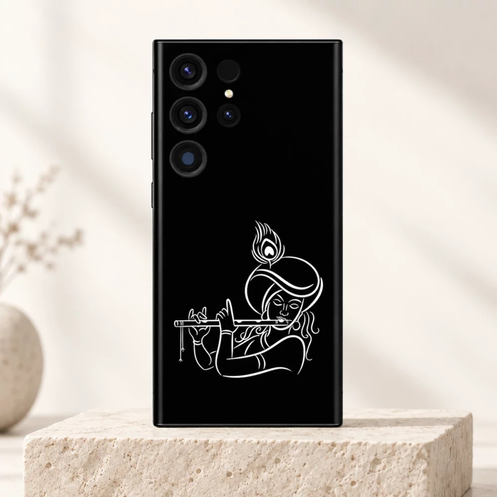 Krishna flute outline mobile skin with white turban and peacock feather line art on black – clean studio hero