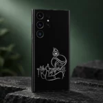 Krishna flute outline mobile skin with white turban and peacock feather line art on black – sage studio