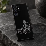 Krishna flute outline mobile skin with white turban and peacock feather line art on black – line art detail