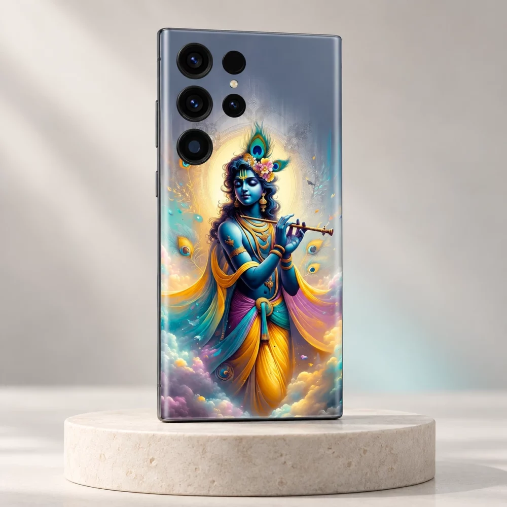 Krishna flute painting mobile skin with blue Krishna gold halo and colorful robes on an ivory pedestal