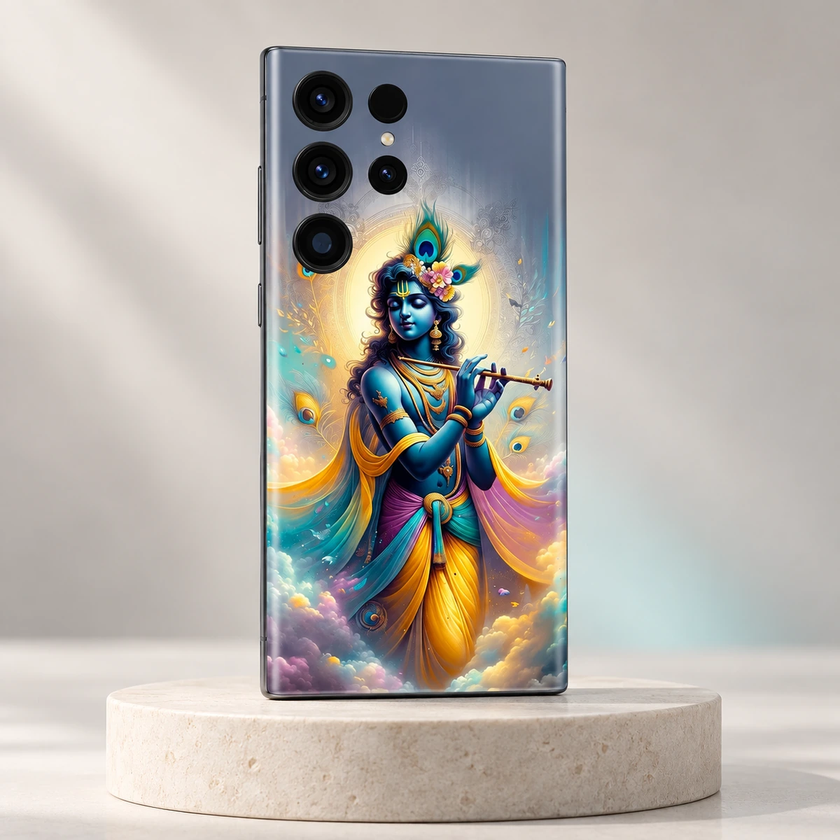 Krishna Flute Painting Mobile Skin - hero Krishna flute painting mobile skin with blue Krishna gold halo and colorful robes on an ivory pedestal