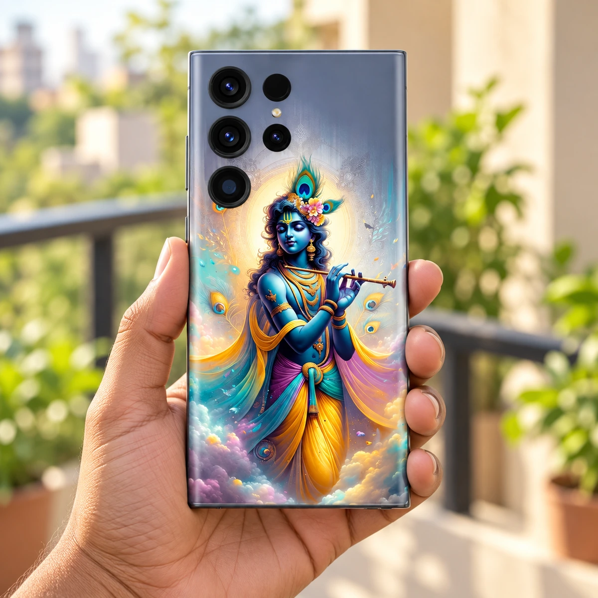 Krishna Flute Painting Mobile Skin - in hand Krishna flute painting mobile skin held upright in hand with a sunlit green balcony background