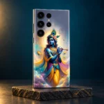 Krishna flute painting mobile skin with teal yellow and purple robes on a dark stone stand