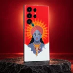 Krishna mantra halo mobile skin with red turban portrait and white clouds – crimson studio