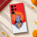 Krishna mantra halo mobile skin with red turban portrait and white clouds – ivory flat lay
