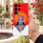 Krishna mantra halo mobile skin with red turban portrait and white clouds – in-hand lifestyle