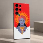 Krishna mantra halo mobile skin with red turban portrait and white clouds – portrait detail