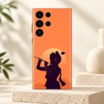 Krishna sunset silhouette mobile skin with flute and pale sun on coral orange – clean studio hero