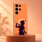 Krishna sunset silhouette mobile skin with flute and pale sun on coral orange – peach studio