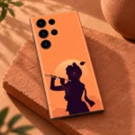 Krishna sunset silhouette mobile skin with flute and pale sun on coral orange – silhouette detail