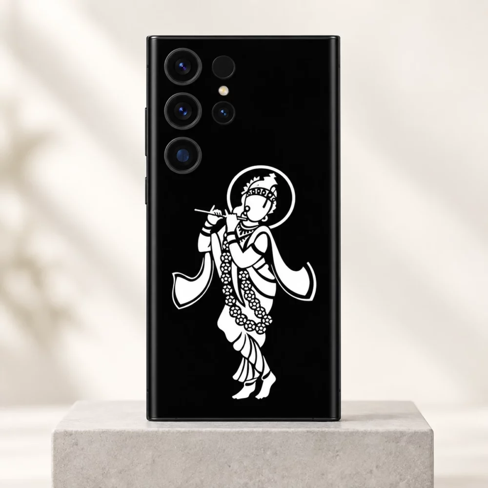 Krishna white halo mobile skin with flute and flower garland on black – clean studio hero