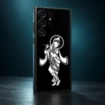 Krishna white halo mobile skin with flute and flower garland on black – teal studio