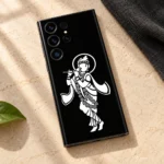 Krishna white halo mobile skin with flute and flower garland on black – linen flat lay