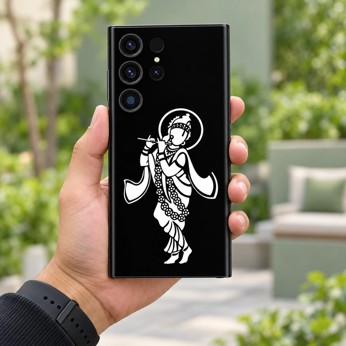 Krishna White Halo Mobile Skin – in-hand lifestyle Krishna white halo mobile skin with flute and flower garland on black – in-hand lifestyle