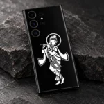 Krishna white halo mobile skin with flute and flower garland on black – illustration detail