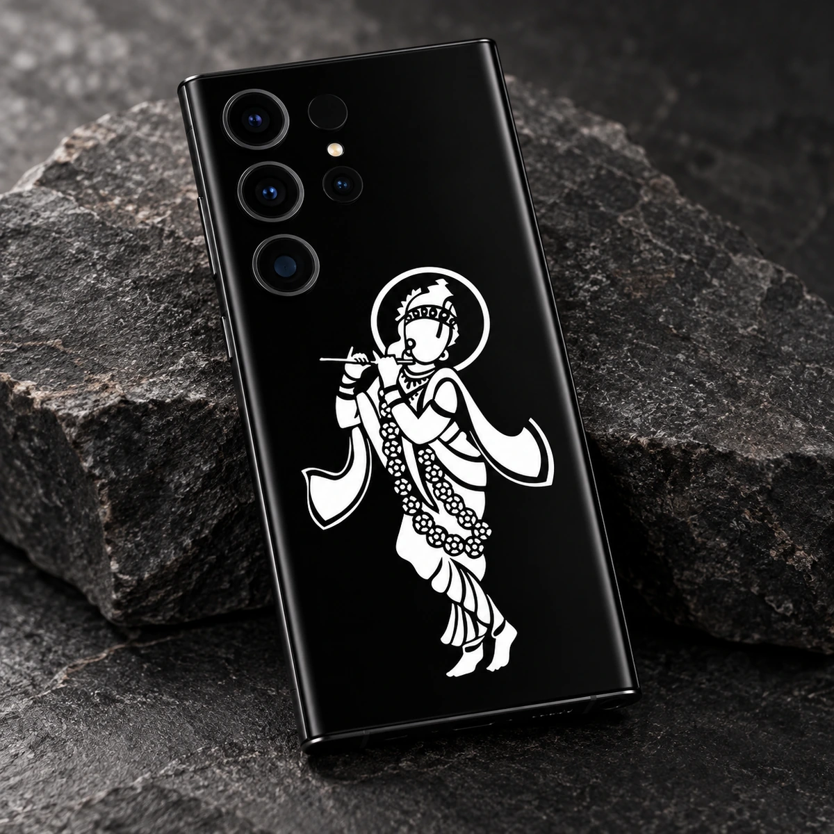 Krishna White Halo Mobile Skin – illustration detail Krishna white halo mobile skin with flute and flower garland on black – illustration detail