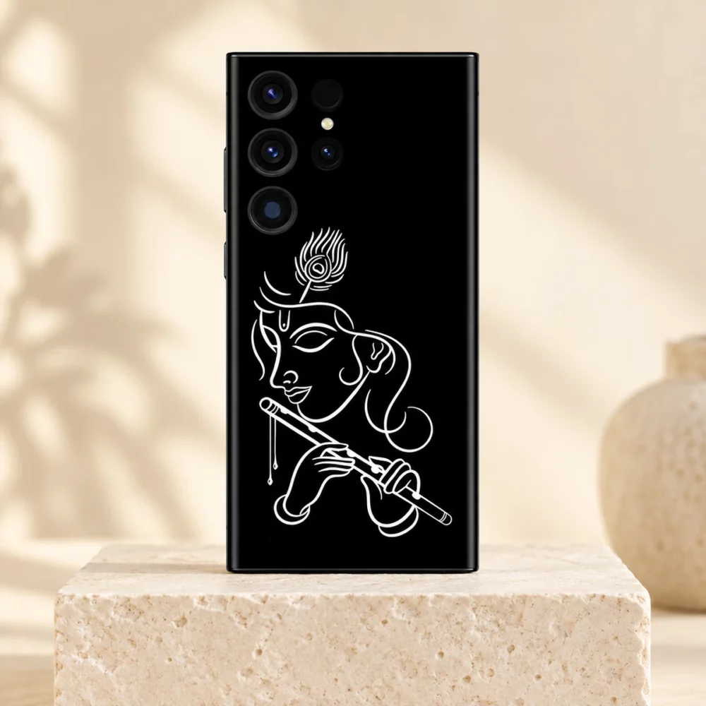 Krishna white line art mobile skin with flute and peacock feather on black on an ivory pedestal