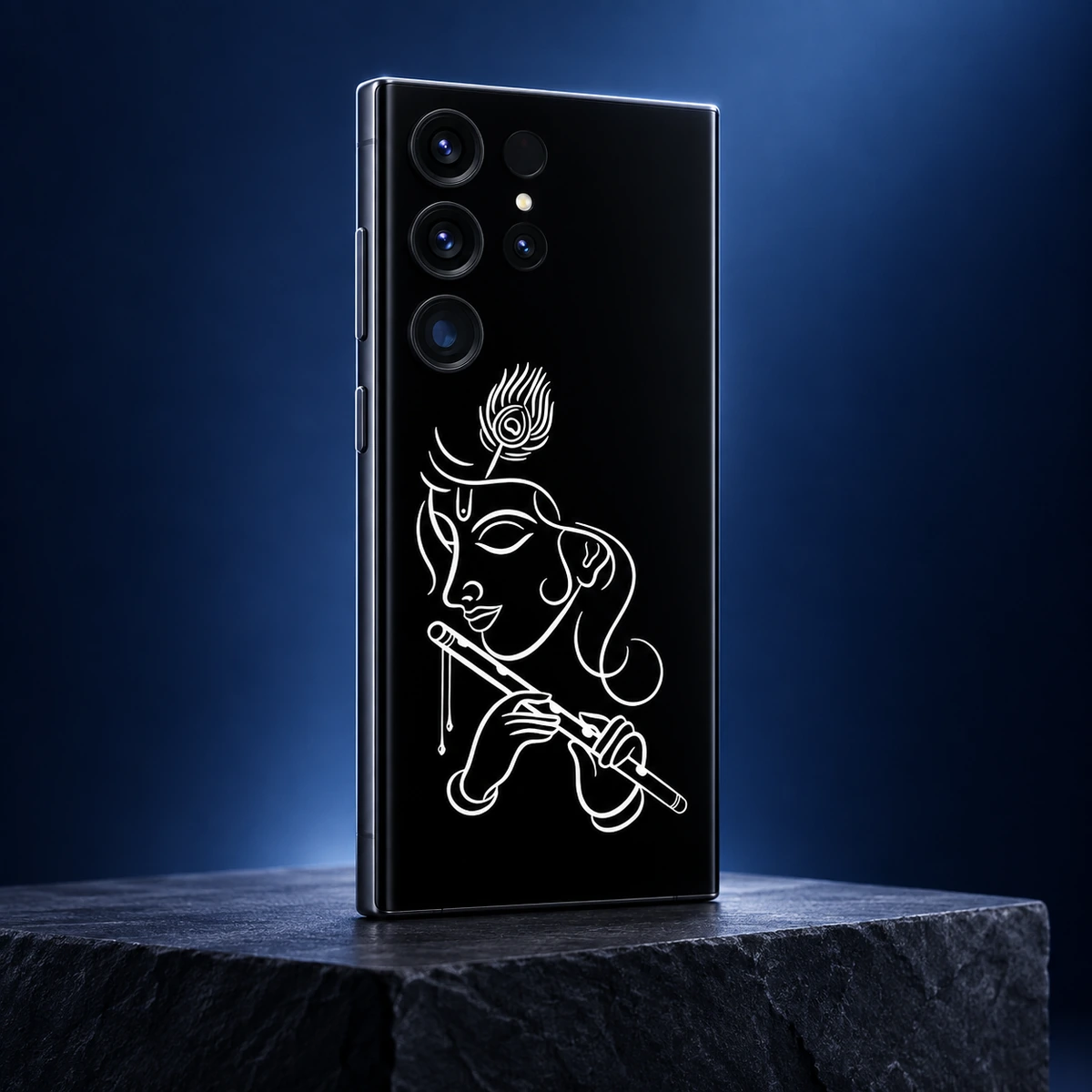 Krishna White Line Art Mobile Skin - Midnight studio Black Krishna flute phone skin with white outlines in a midnight blue studio setting