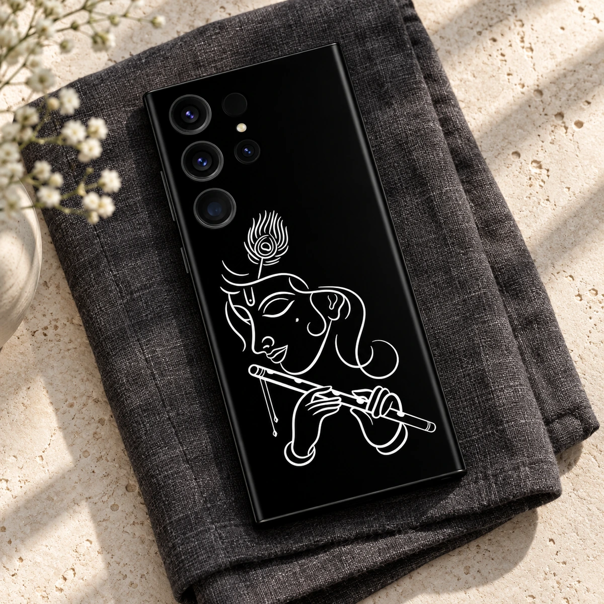 Krishna White Line Art Mobile Skin - Charcoal flatlay Krishna white outline phone skin with flute in a charcoal linen flatlay