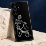 Close view of Krishna face peacock feather and flute in white line art on black mobile skin