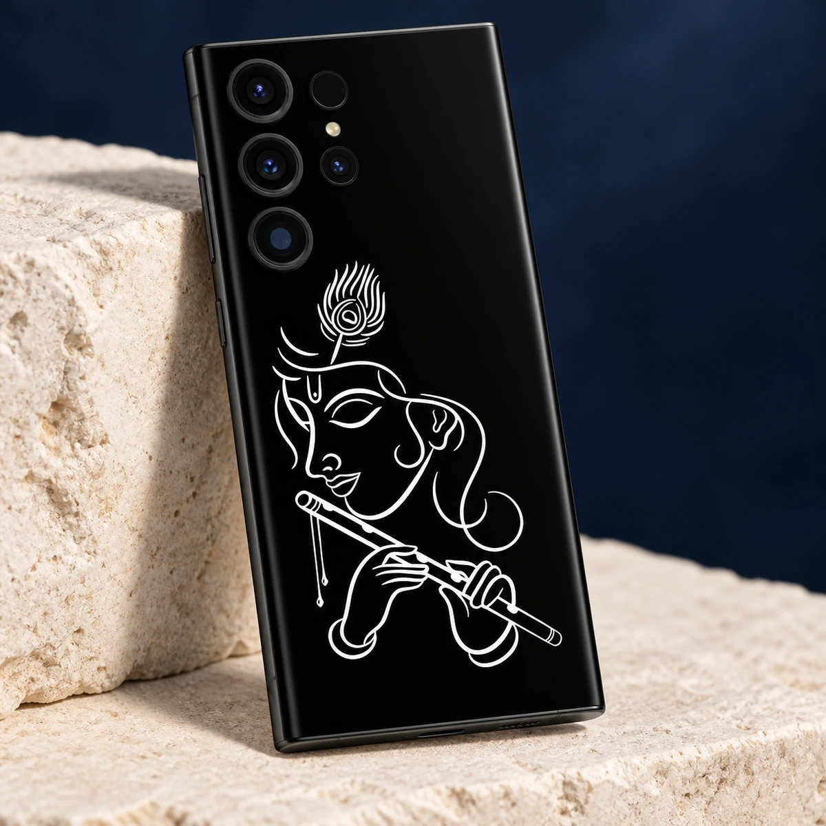 Krishna White Line Art Mobile Skin - Line art detail Close view of Krishna face peacock feather and flute in white line art on black mobile skin