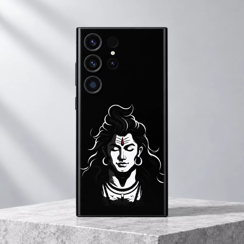 Lord Shiva White Stencil Portrait Mobile Skin upright on pale grey stone