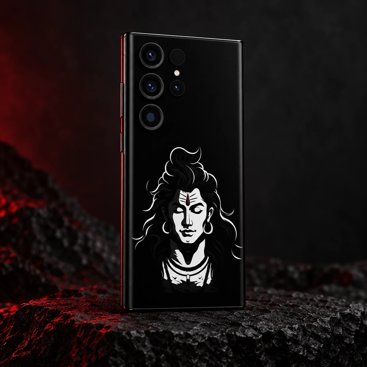 Lord Shiva White Stencil Portrait Mobile Skin - Crimson studio White Shiva portrait on black mobile skin with subtle crimson studio lighting