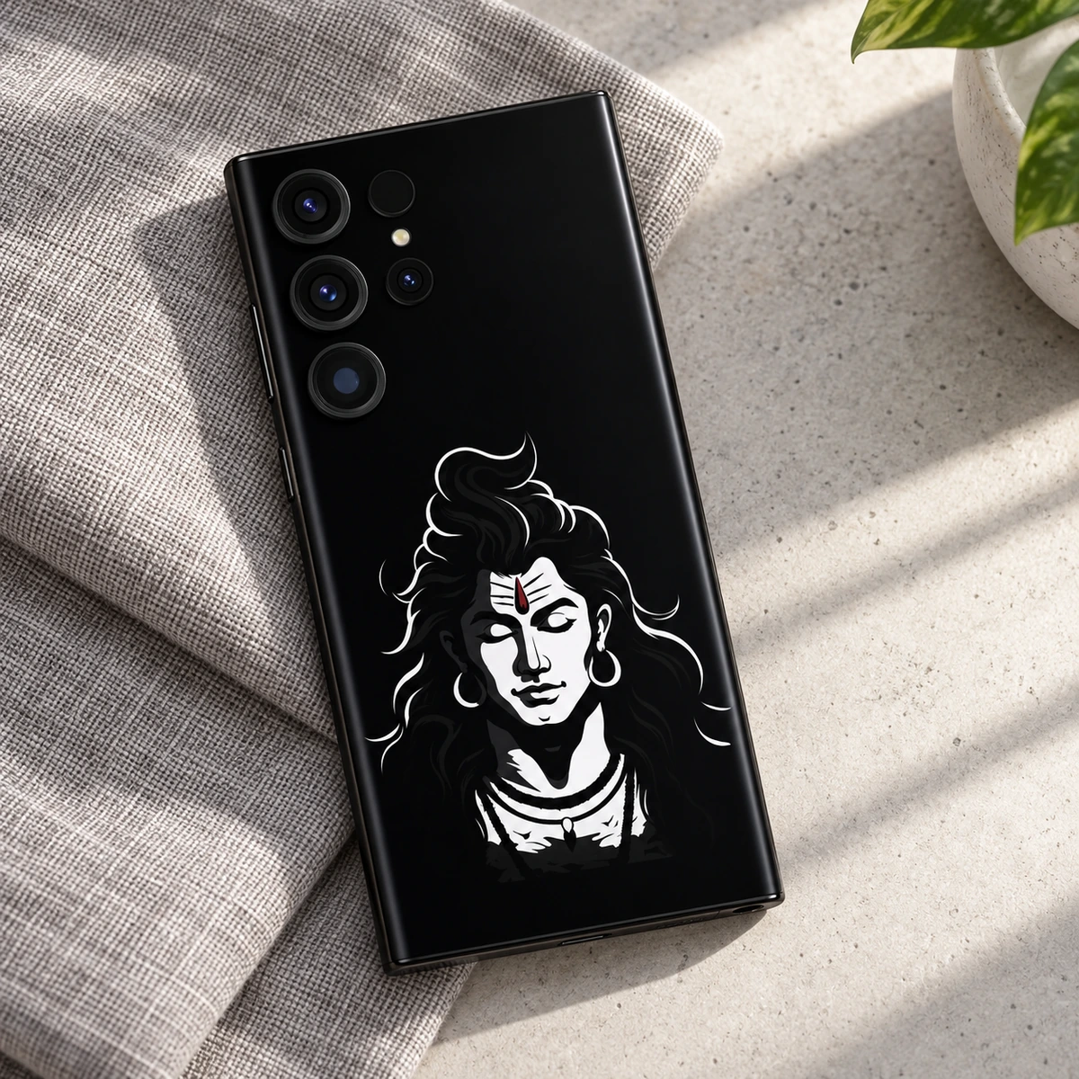 Lord Shiva White Stencil Portrait Mobile Skin - Grey linen flatlay Lord Shiva stencil portrait mobile skin in a grey linen and concrete flat lay